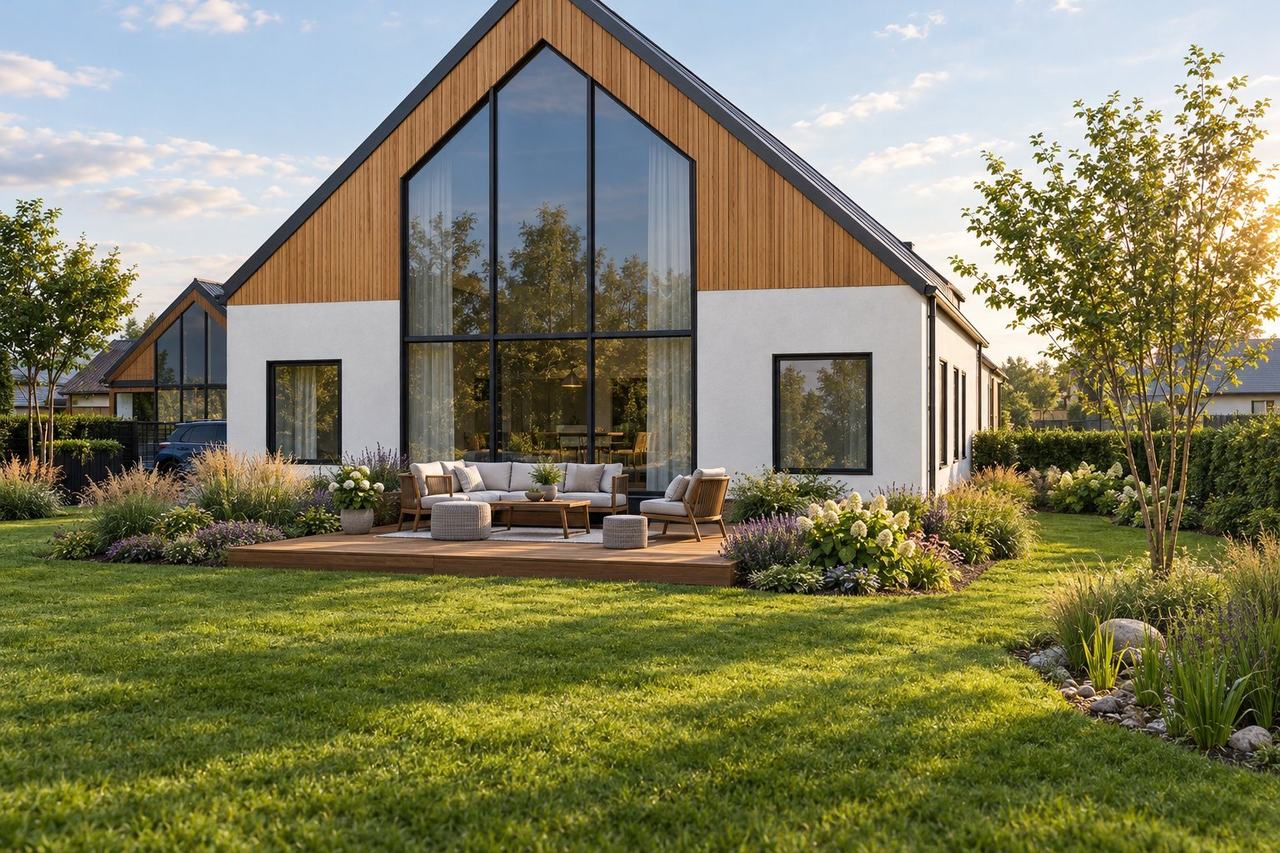 Wizualizacja: dom z przeszklonym szczytem i naturalistyczny ogród.